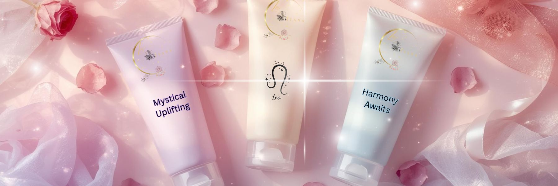 Lotions Collection banner by Gitana Mystical Products – elegant cosmic display with handmade lotion bottles in soft pastel tones.