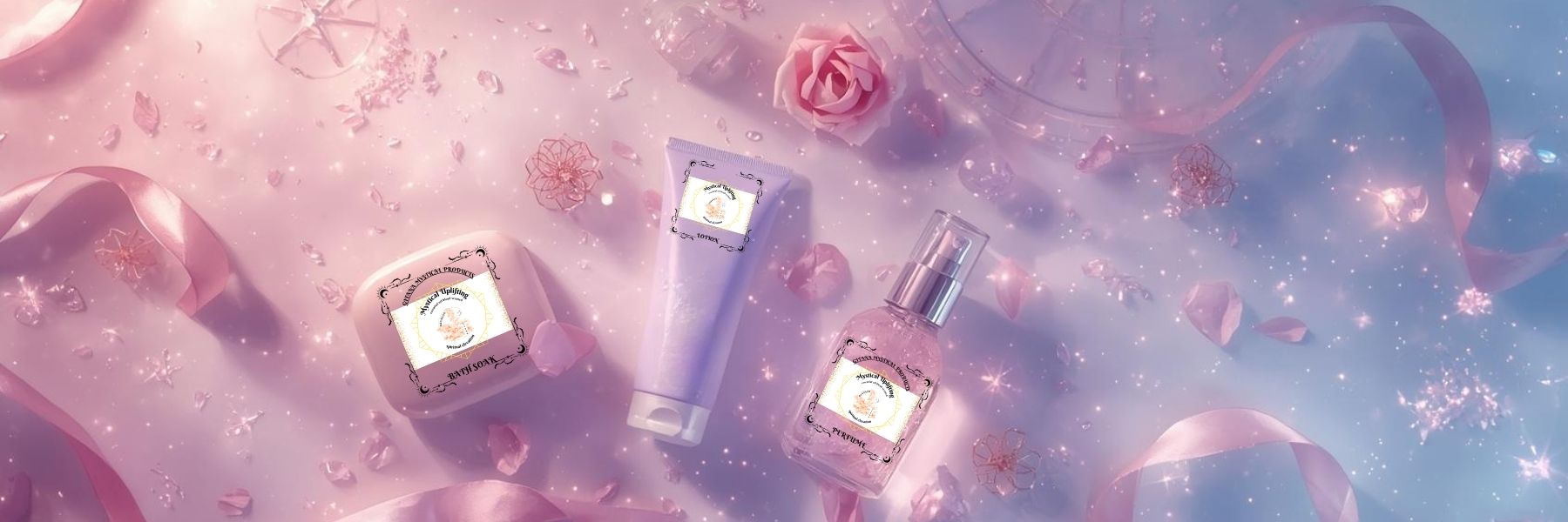 Mystical Uplifting Collection banner by Gitana Mystical Products – pink cosmic display with handmade soap, cream, perfume, and sprays.
