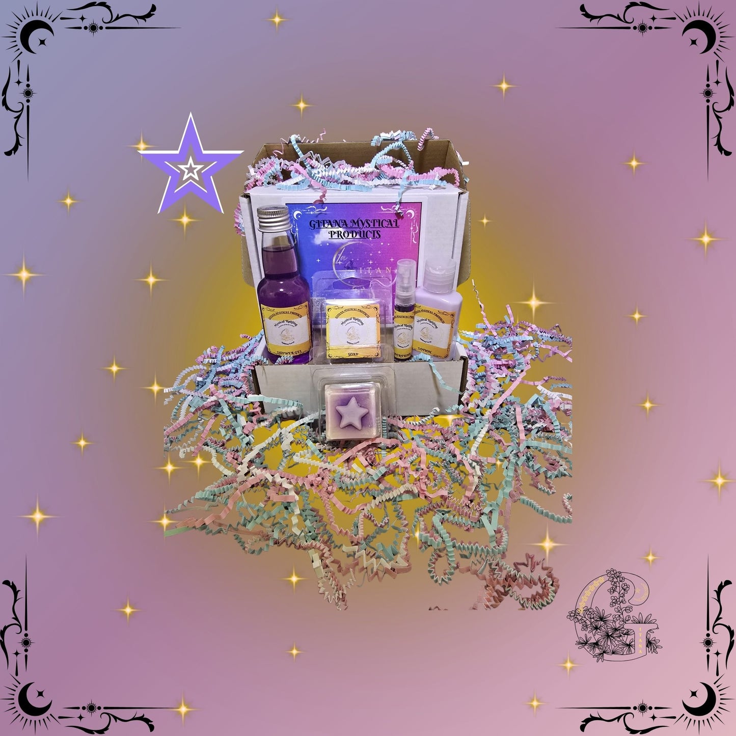 Mystical Uplifting Mini Gift Set – bright handcrafted collection featuring mini bath, soap, lotion, and perfume designed to inspire clarity, joy, and positivity.