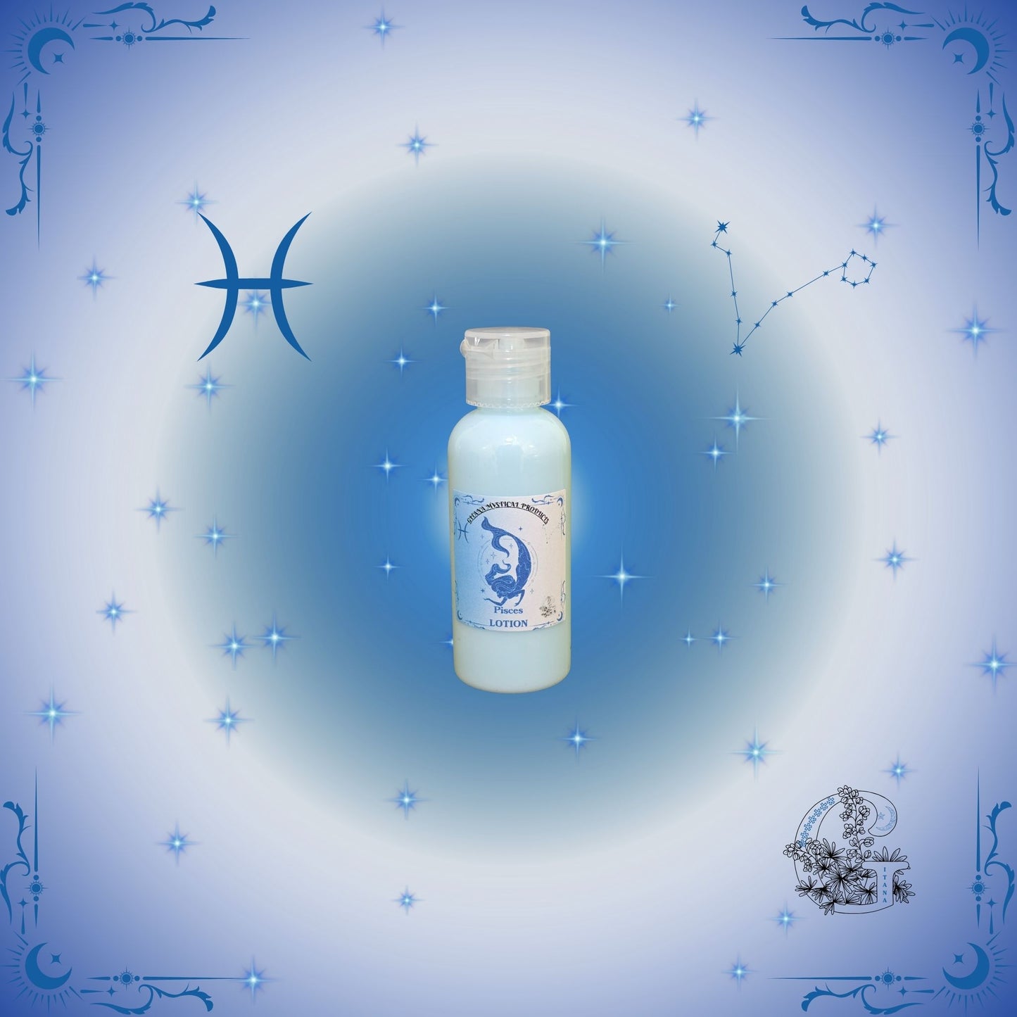 Pisces Zodiac Lotion – dreamy, lightweight lotion with soft ocean blue tones promoting serenity.