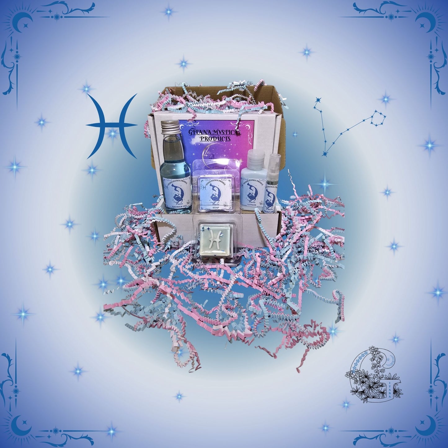 Pisces Zodiac Mini Gift Set – dreamy handcrafted collection featuring mini bath, soap, lotion, and perfume in ocean-blue tones evoking calm and imagination.