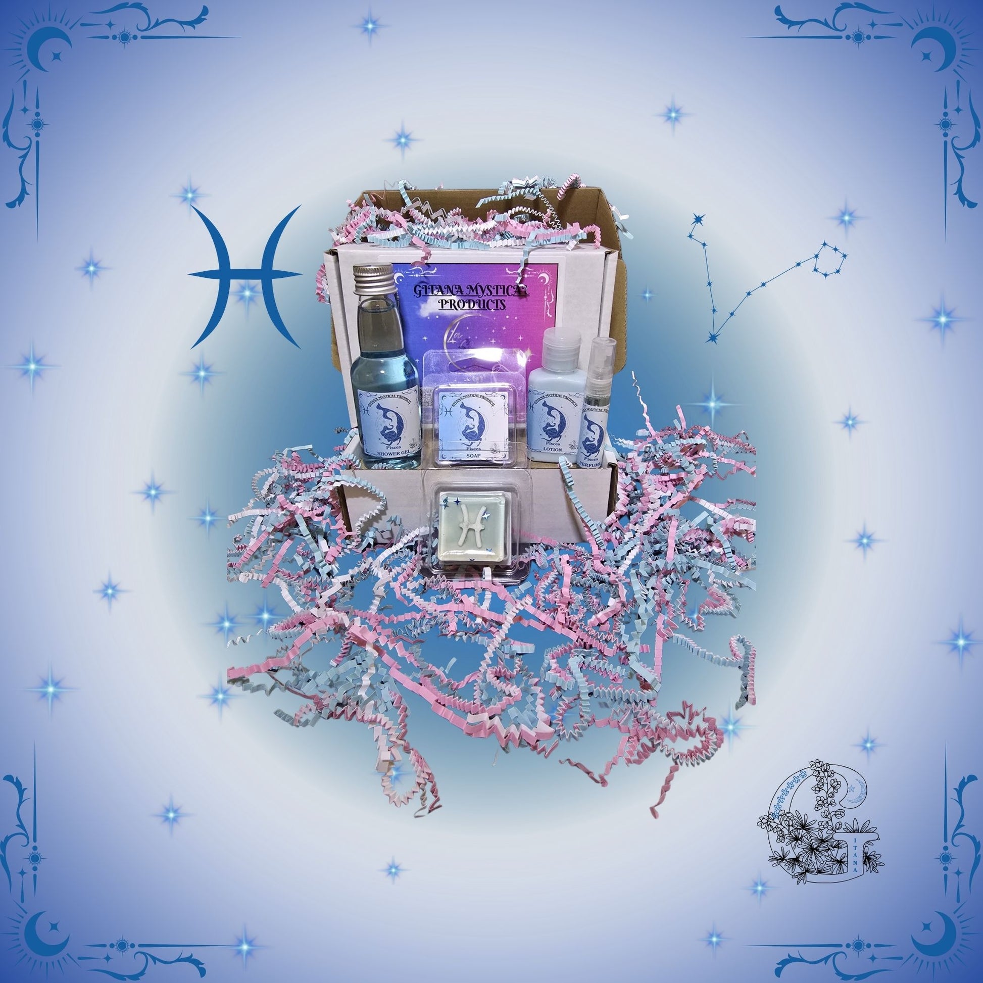 Pisces Zodiac Mini Gift Set – dreamy handcrafted collection featuring mini bath, soap, lotion, and perfume in ocean-blue tones evoking calm and imagination.