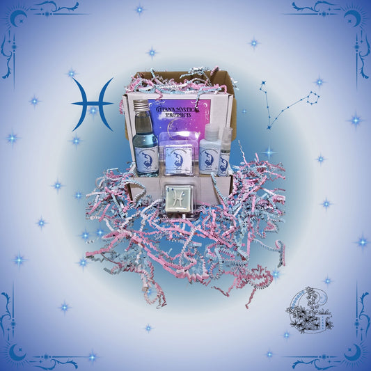 Pisces Zodiac Mini Gift Set – dreamy handcrafted collection featuring mini bath, soap, lotion, and perfume in ocean-blue tones evoking calm and imagination.