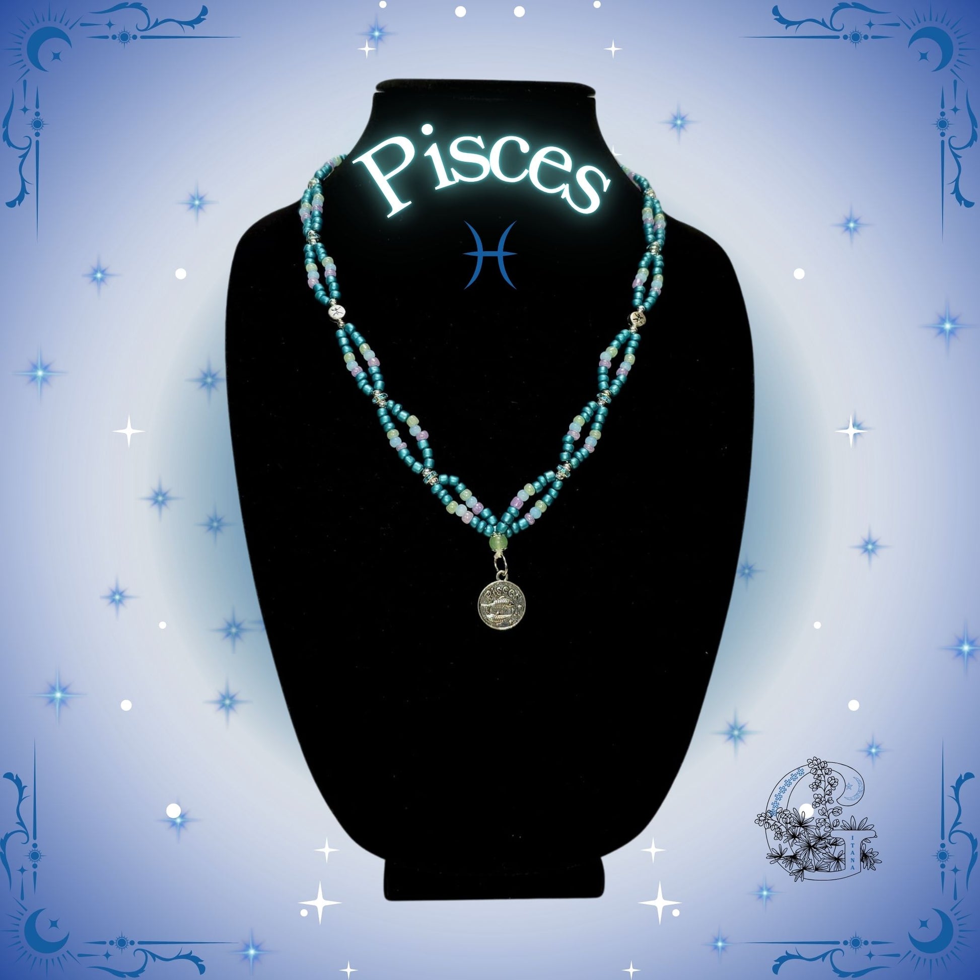 Pisces Zodiac Necklace – handcrafted beaded necklace in ocean-blue tones with the Pisces symbol, representing calm energy and imagination.
