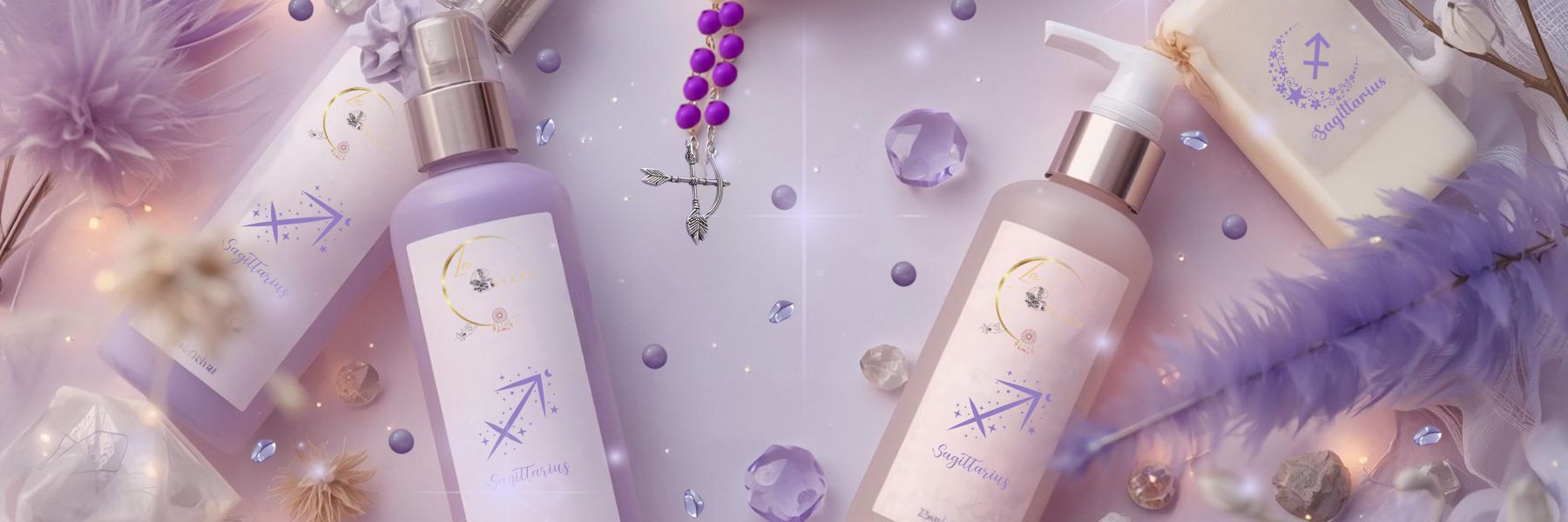 Sagittarius Zodiac Collection banner by Gitana Mystical Products – lilac set with handmade soap, lotion, sprays, and Sagittarius zodiac necklace.