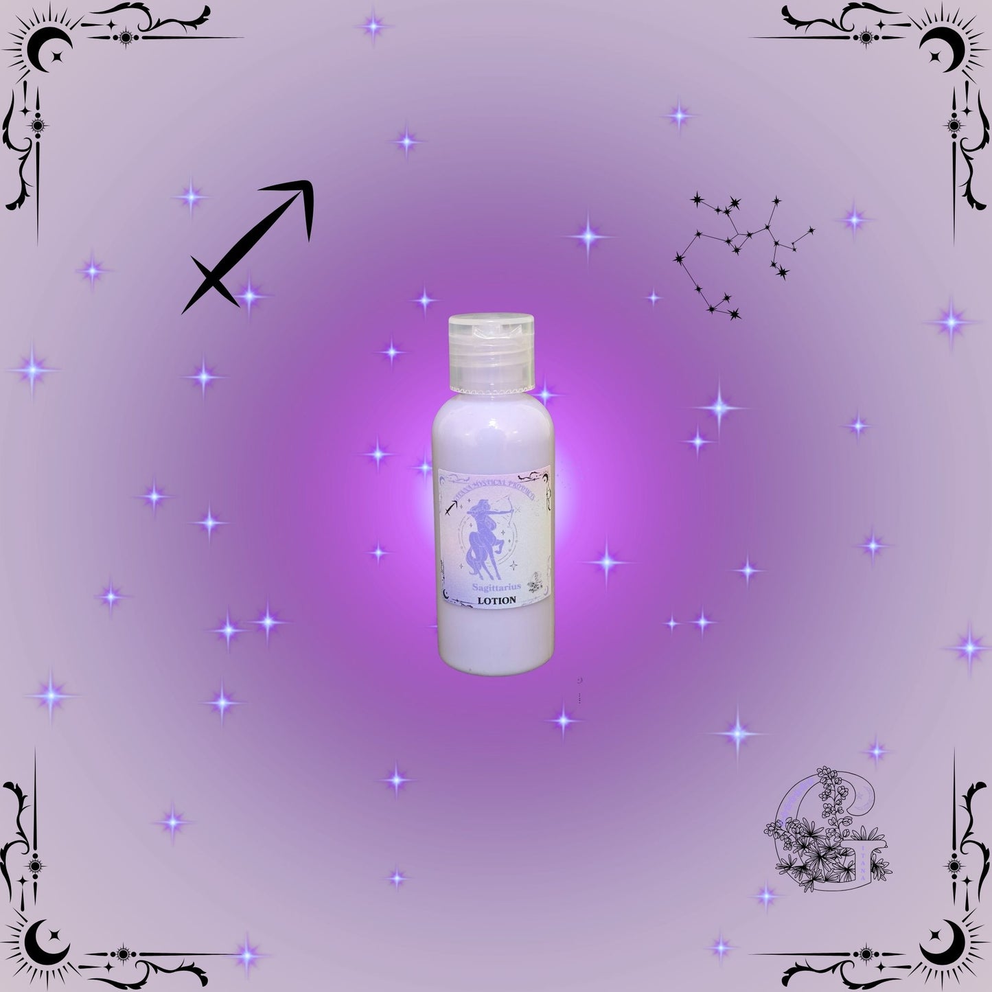 Sagittarius Zodiac Lotion – adventurous, uplifting lotion with purple glow symbolizing expansion and freedom.