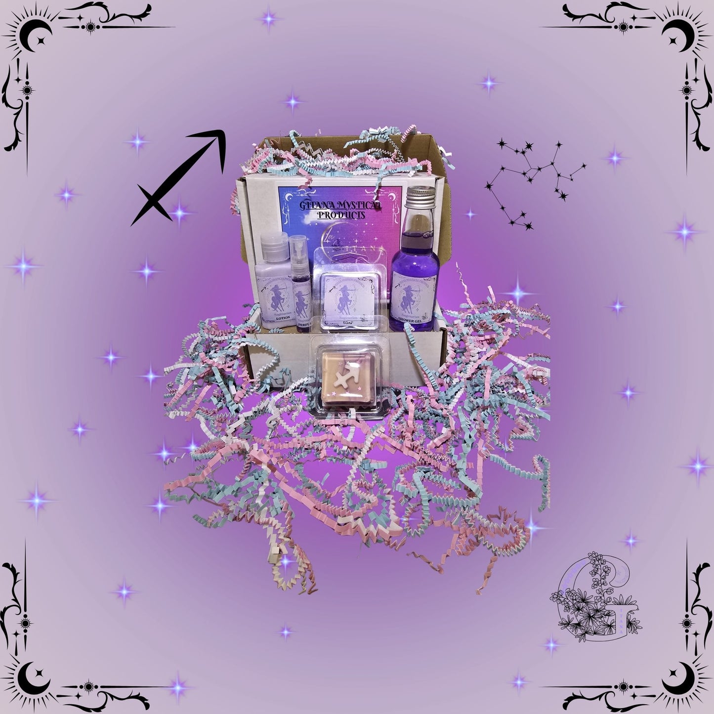 Sagittarius Zodiac Mini Gift Set – uplifting handcrafted collection featuring mini bath, soap, lotion, and perfume in purple tones inspiring adventure and optimism.