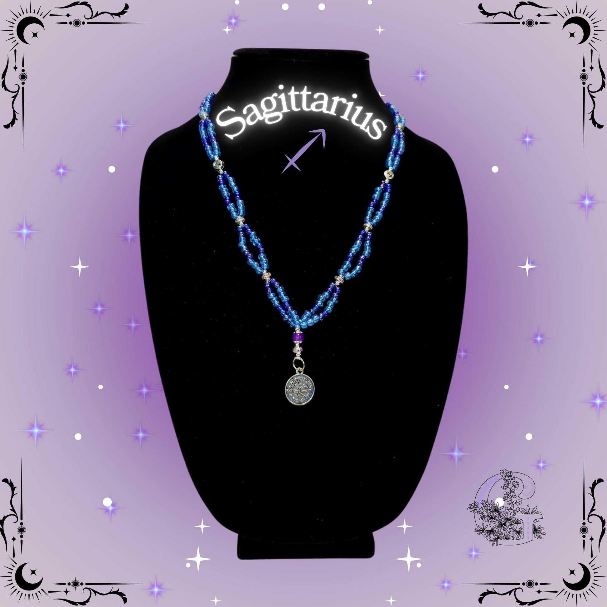 Sagittarius Zodiac Necklace – handcrafted beaded necklace in purple tones featuring the Sagittarius symbol, representing adventure and optimism.