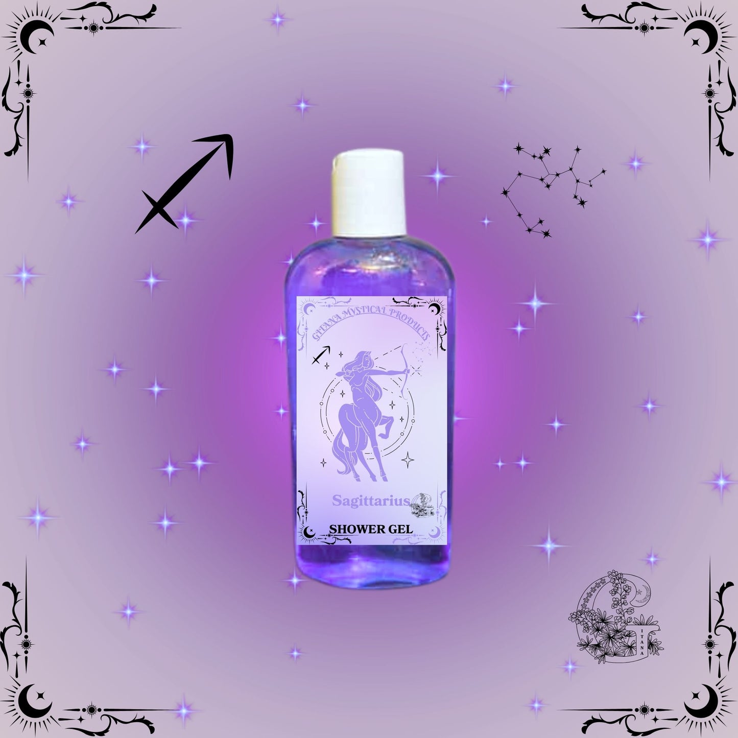 Sagittarius Zodiac Shower Gel – adventurous and uplifting cleanser with purple aura tones representing freedom.