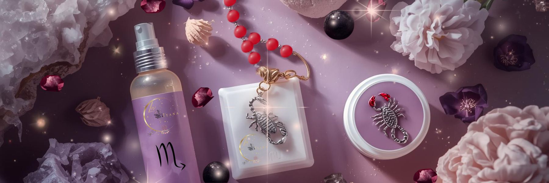 Scorpio Zodiac Collection banner by Gitana Mystical Products – purple display with handmade soap, lotion, scrub, and Scorpio zodiac necklace.