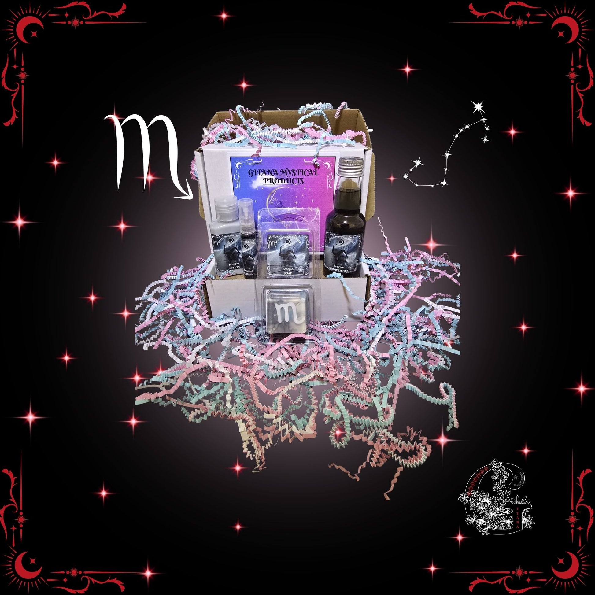 Scorpio Zodiac Mini Gift Set – magnetic handcrafted collection featuring mini bath, soap, lotion, and perfume in deep crimson tones symbolizing mystery and strength.