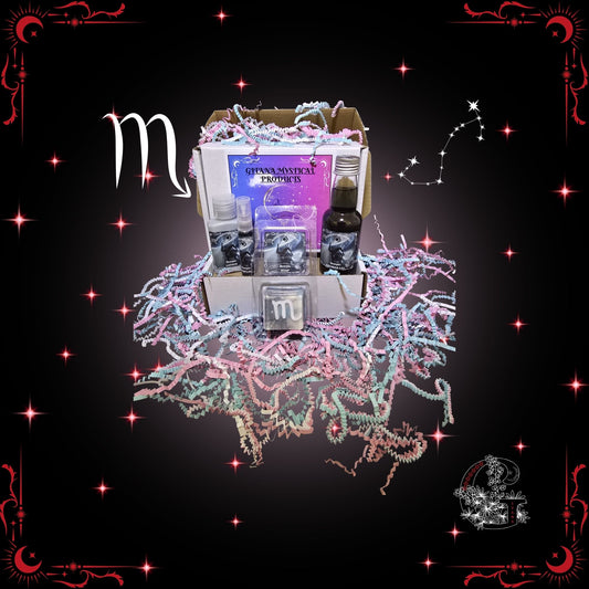 Scorpio Zodiac Mini Gift Set – magnetic handcrafted collection featuring mini bath, soap, lotion, and perfume in deep crimson tones symbolizing mystery and strength.