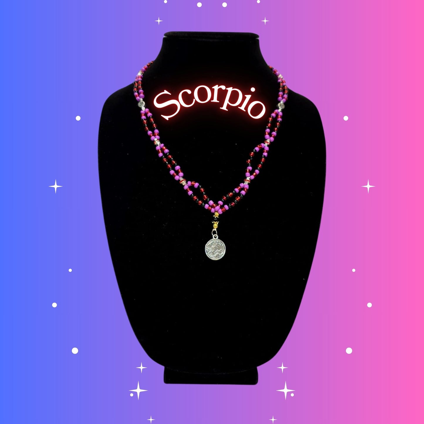 Scorpio Zodiac Necklace – handmade black, purple and red beaded necklace with silver-tone Scorpio pendant, crafted by Gitana Mystical Products.