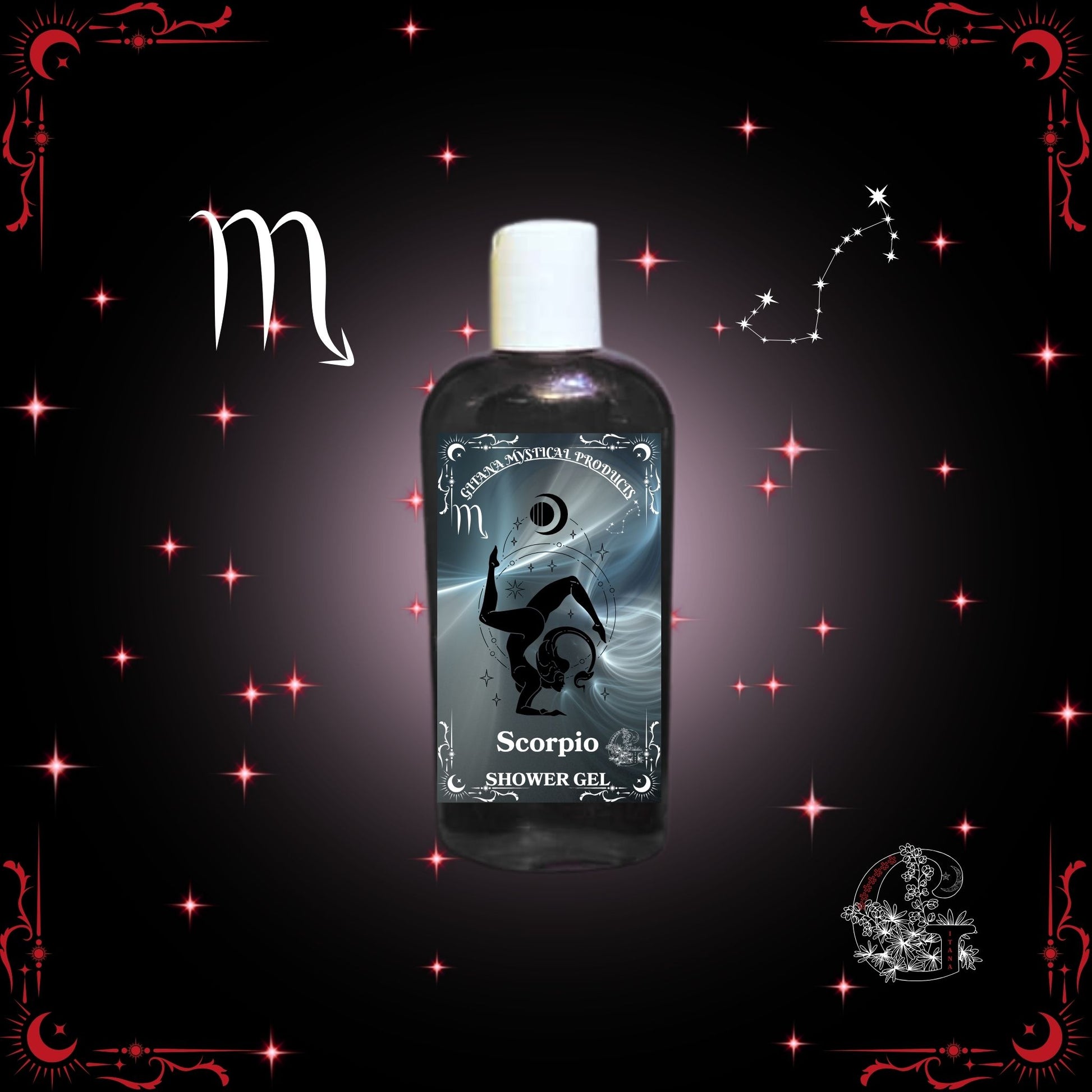 Scorpio Zodiac Shower Gel – deep and magnetic cleanser in dark crimson tones symbolizing mystery and strength.