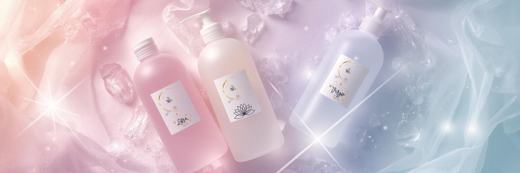 Shower Gel Collection banner by Gitana Mystical Products – handmade shower gel bottles in a dreamy pastel cosmic design.
