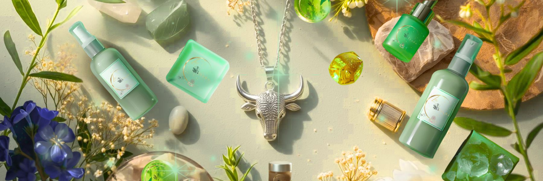 Taurus Zodiac Collection banner by Gitana Mystical Products – green display with handmade lotion, soap, perfume, and Taurus zodiac necklace.