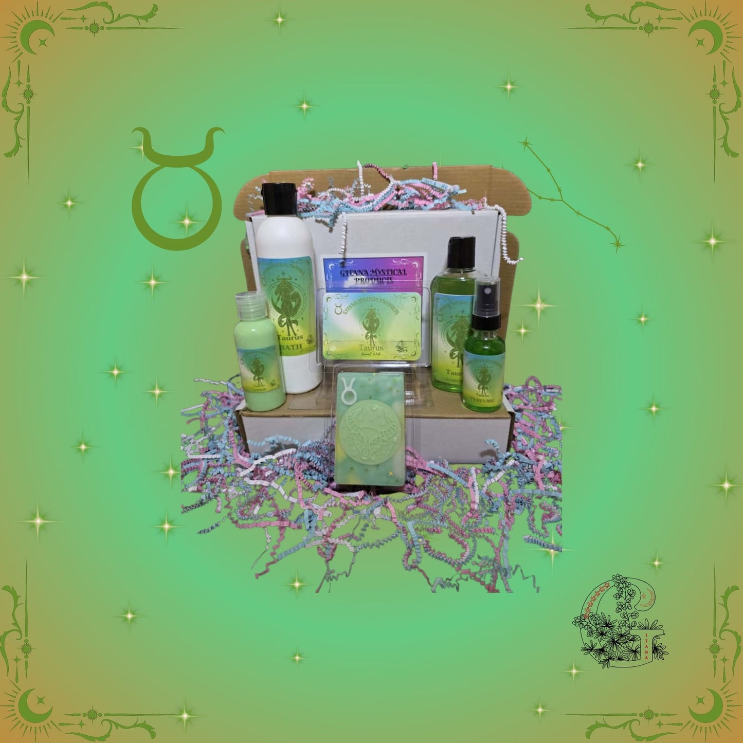 Taurus Zodiac Full Gift Set – grounding handcrafted collection featuring bath, soap, lotion, shower gel, and perfume in soothing green hues that promote balance and comfort.