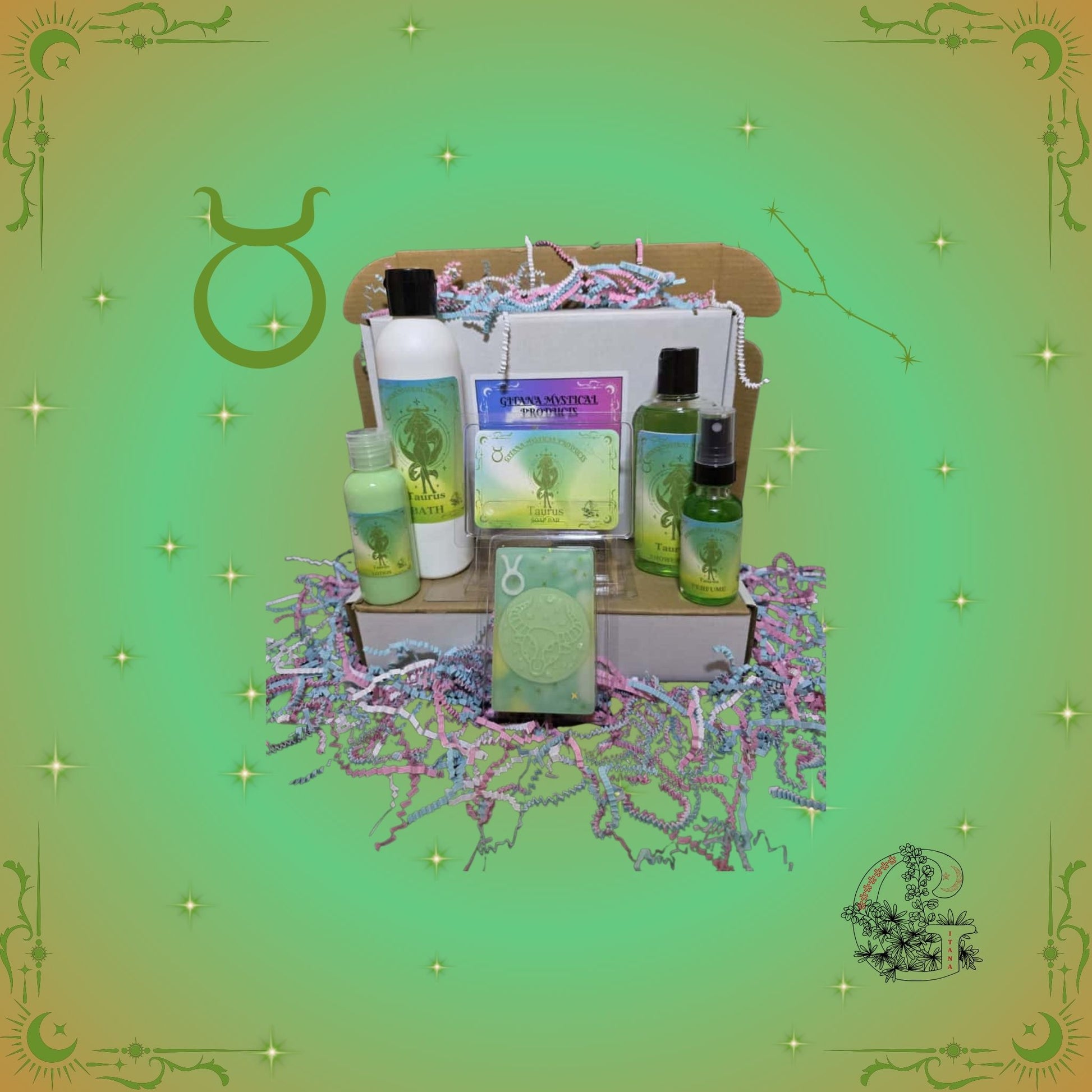 Taurus Zodiac Full Gift Set – grounding handcrafted collection featuring bath, soap, lotion, shower gel, and perfume in soothing green hues that promote balance and comfort.