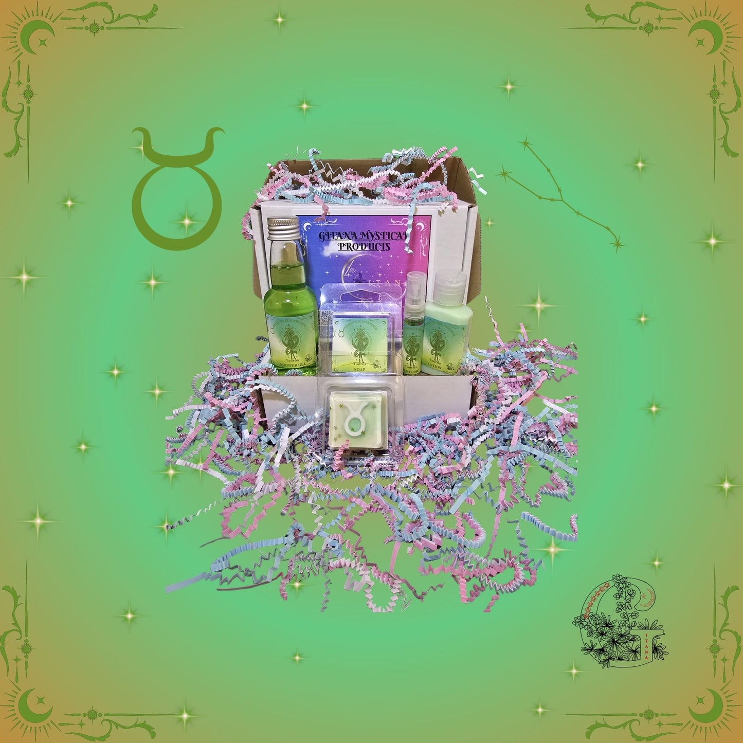 Taurus Zodiac Mini Gift Set – grounding collection with handcrafted mini bath, soap, lotion, and perfume in soothing green hues.