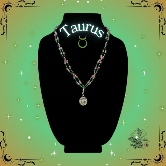 Taurus Zodiac Necklace – handcrafted beaded necklace in green tones featuring the Taurus symbol, representing stability and calm energy.