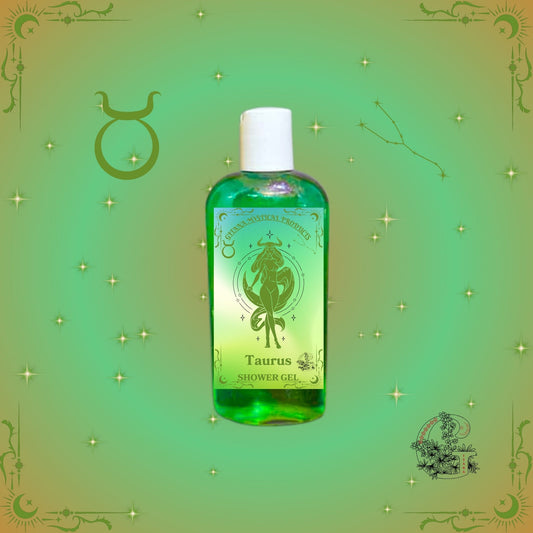 Taurus Zodiac Shower Gel – soothing and grounding cleanser in soft green tones for calm and balance.