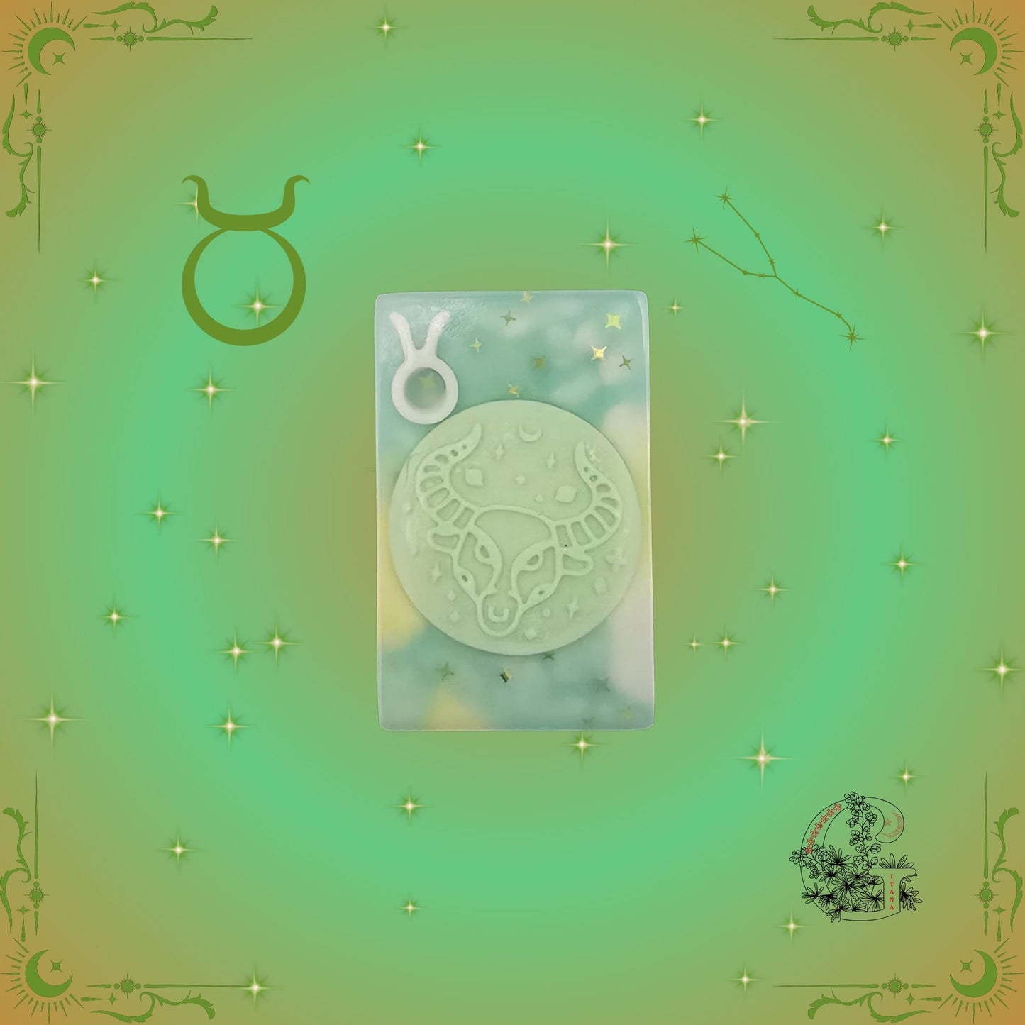 Taurus Zodiac Soap – soothing, earthy handcrafted soap in green tones promoting calm and grounded energy.