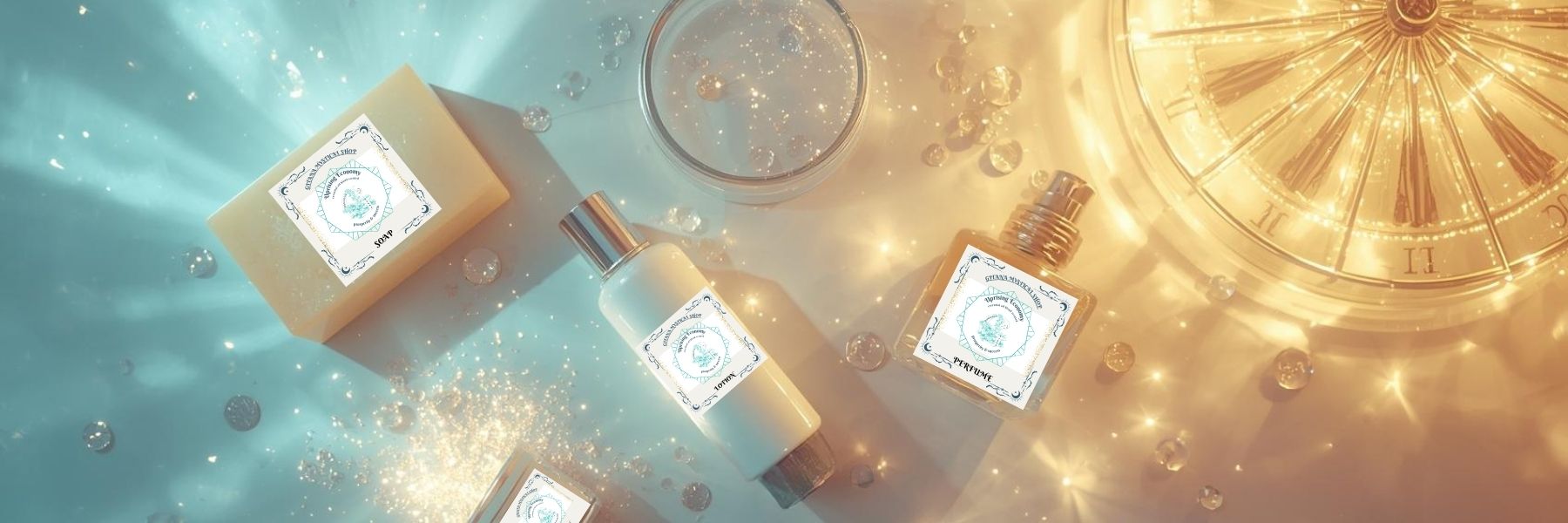 Uprising Economy Collection banner by Gitana Mystical Products – teal and gold display with handmade soap, lotion, and perfume.