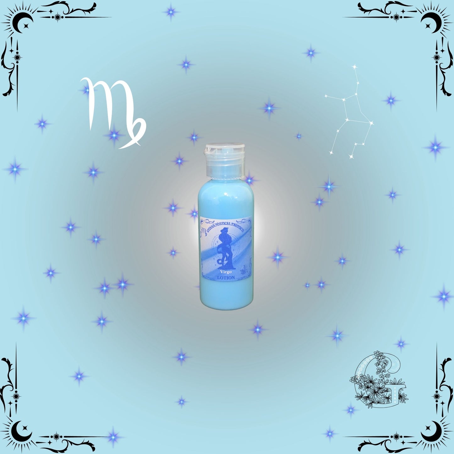 Virgo Zodiac Lotion – refined, soft lotion in cool blue tones for clarity and balance.