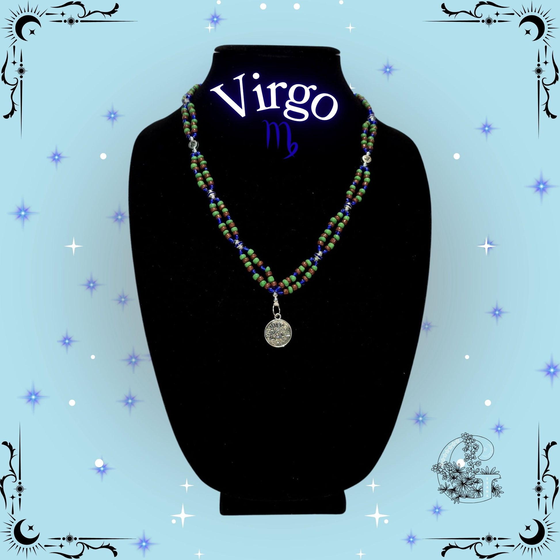 Virgo Zodiac Necklace – handcrafted beaded necklace in soft blue tones with the Virgo symbol, symbolizing clarity, balance, and precision.