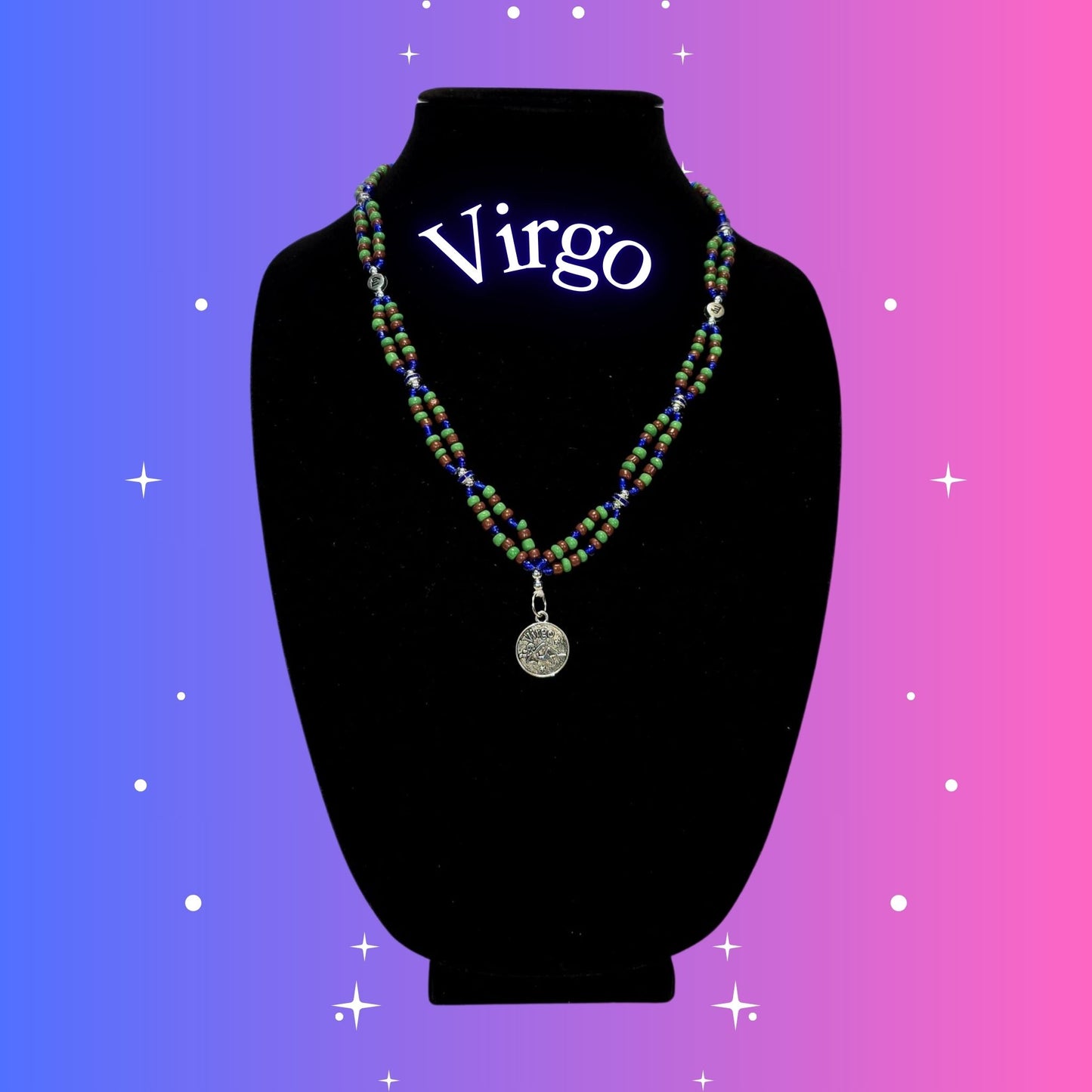 Virgo Zodiac Necklace – handmade green, blue and brown beaded necklace with silver-tone Virgo pendant, crafted by Gitana Mystical Products.