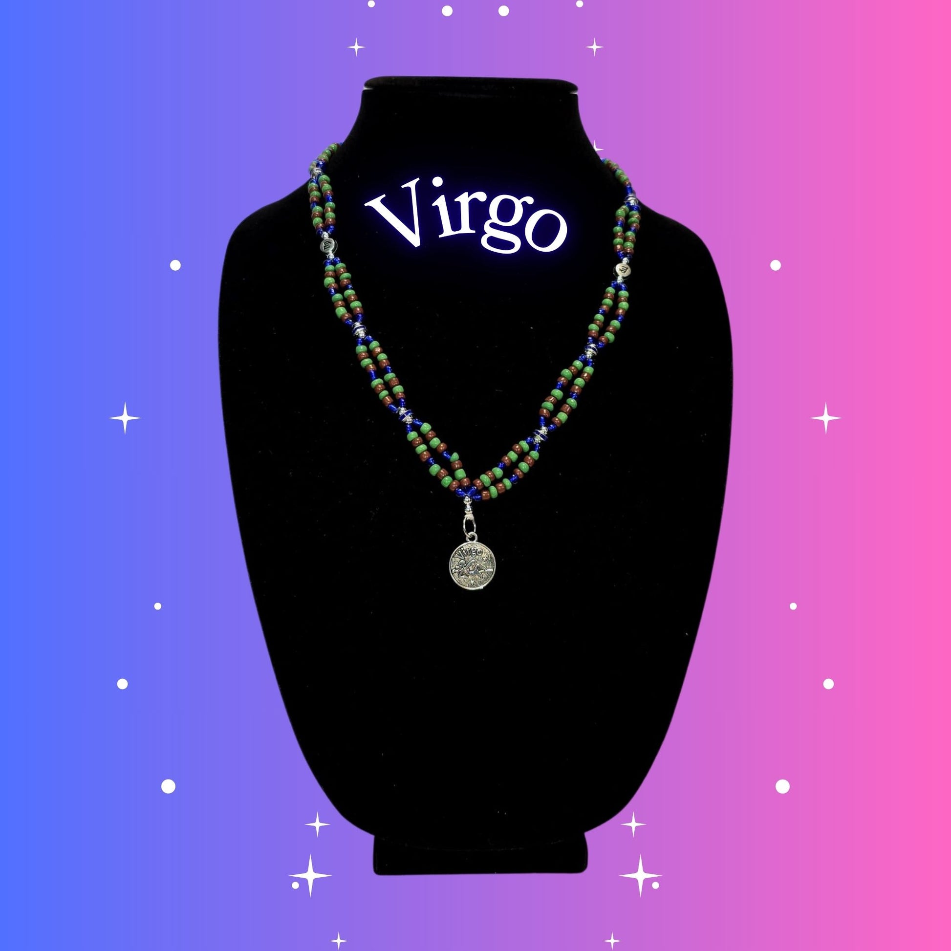 Virgo Zodiac Necklace – handmade green, blue and brown beaded necklace with silver-tone Virgo pendant, crafted by Gitana Mystical Products.