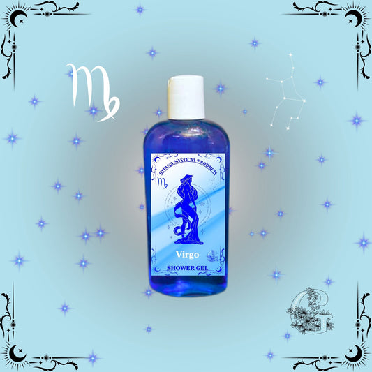Virgo Zodiac Shower Gel – refined and balanced cleanser in soft blue tones symbolizing clarity and purity.