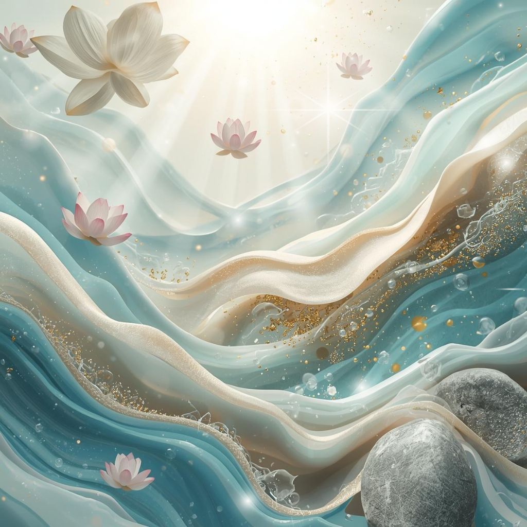 Harmony Awaits Collection cover by Gitana Mystical Products – calming pastel artwork with flowing waves and soft floral accents.