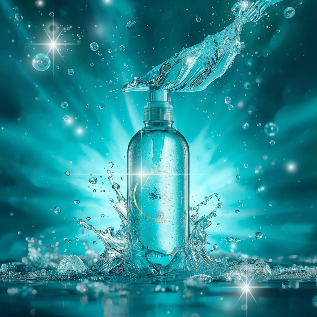 Shower Gel Collection cover by Gitana Mystical Products – radiant teal cosmic artwork with a mystical shower gel bottle.