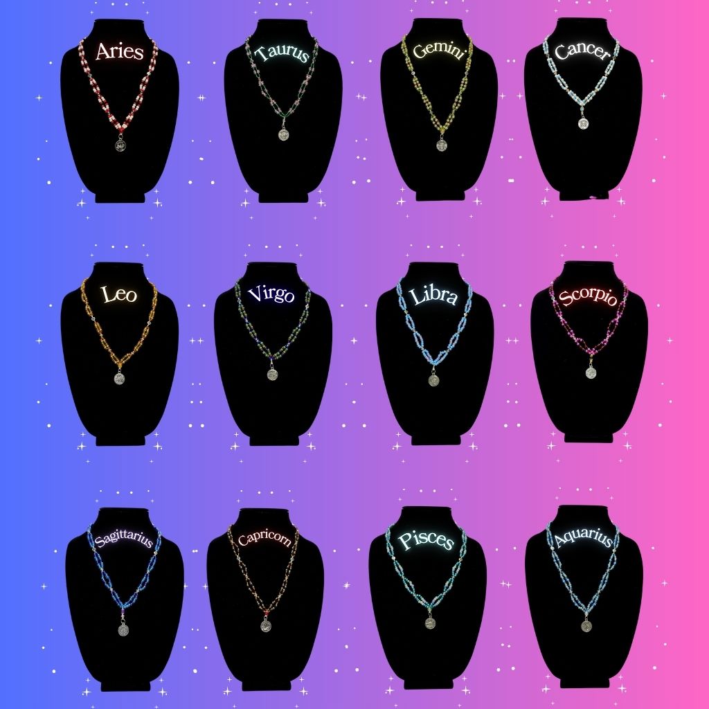 Zodiac Necklace Collection cover by Gitana Mystical Products – twelve mystical zodiac necklaces displayed together on a cosmic background.
