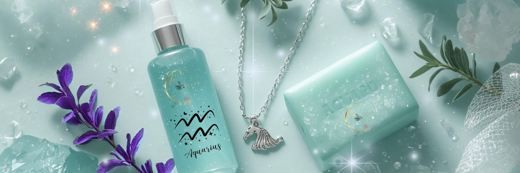 Aquarius Zodiac Collection banner by Gitana Mystical Products – teal display with handmade soap, spray, perfume, and Aquarius zodiac necklace.