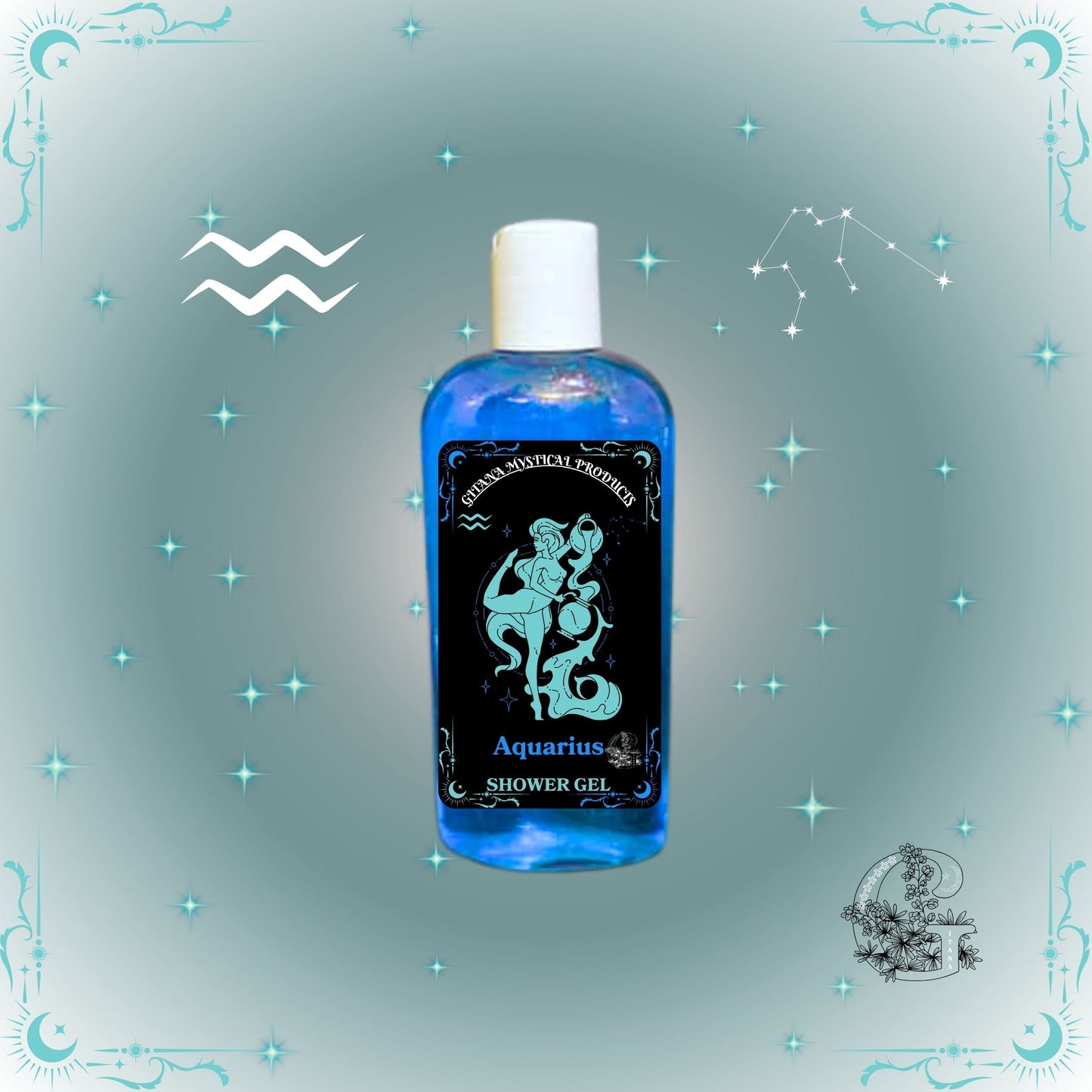 Aquarius Zodiac Shower Gel – innovative and refreshing cleanser with aqua-blue glow symbolizing inspiration.
