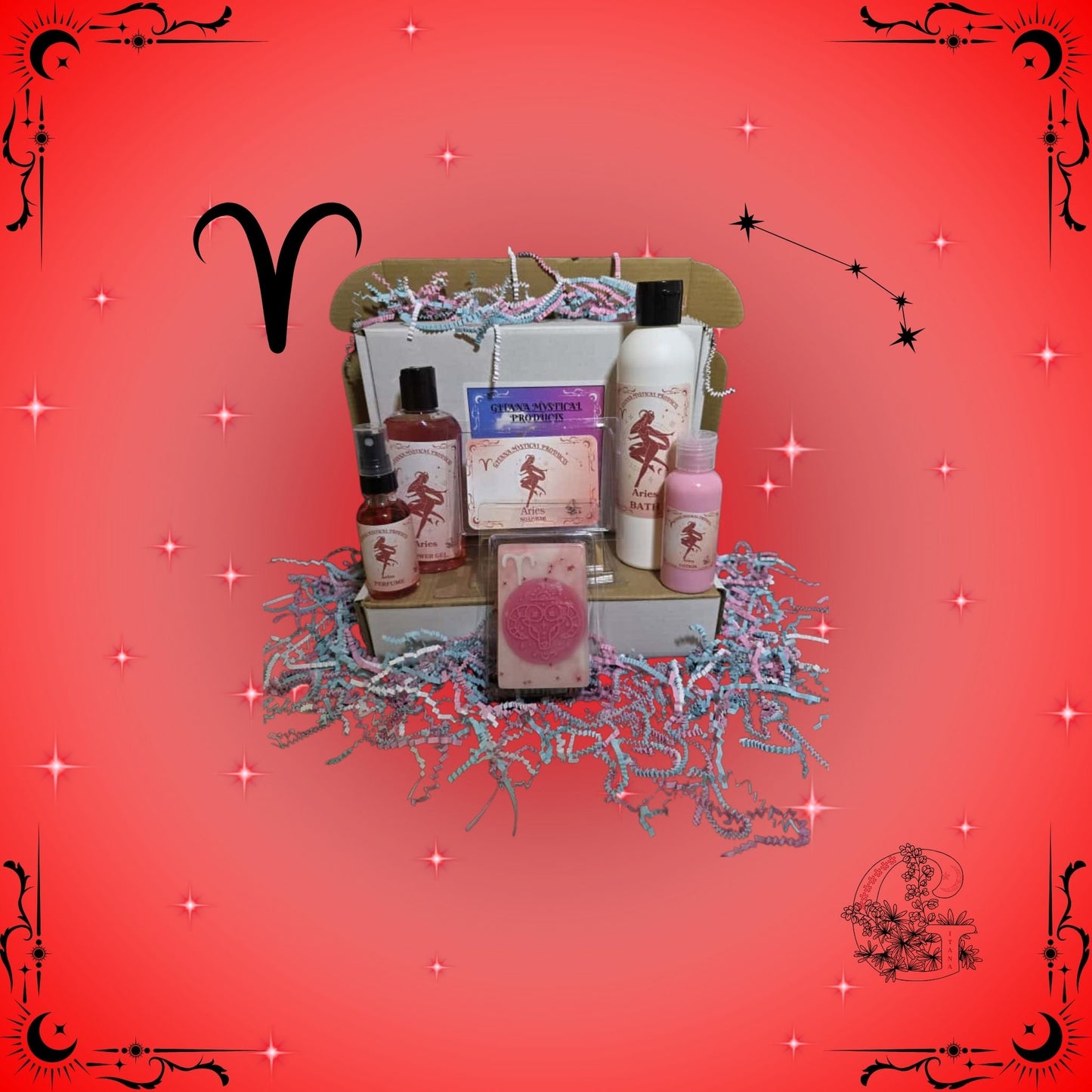 Aries Zodiac Full Gift Set – handcrafted collection featuring bath, soap, lotion, shower gel, and perfume in energizing red tones to inspire confidence and vitality.