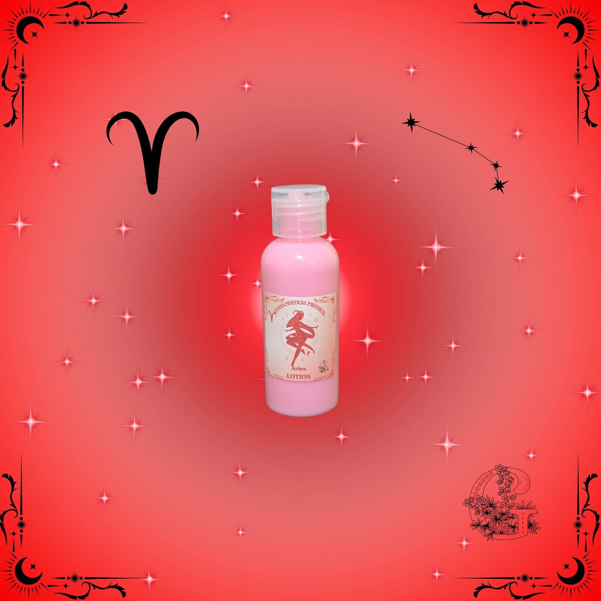 Aries Zodiac Lotion – energizing and refreshing moisturizer with bright red tones symbolizing vitality and confidence.