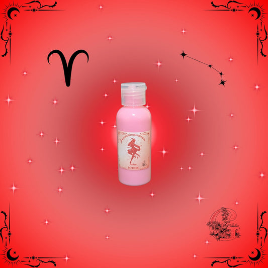 Aries Zodiac Lotion – energizing and refreshing moisturizer with bright red tones symbolizing vitality and confidence.