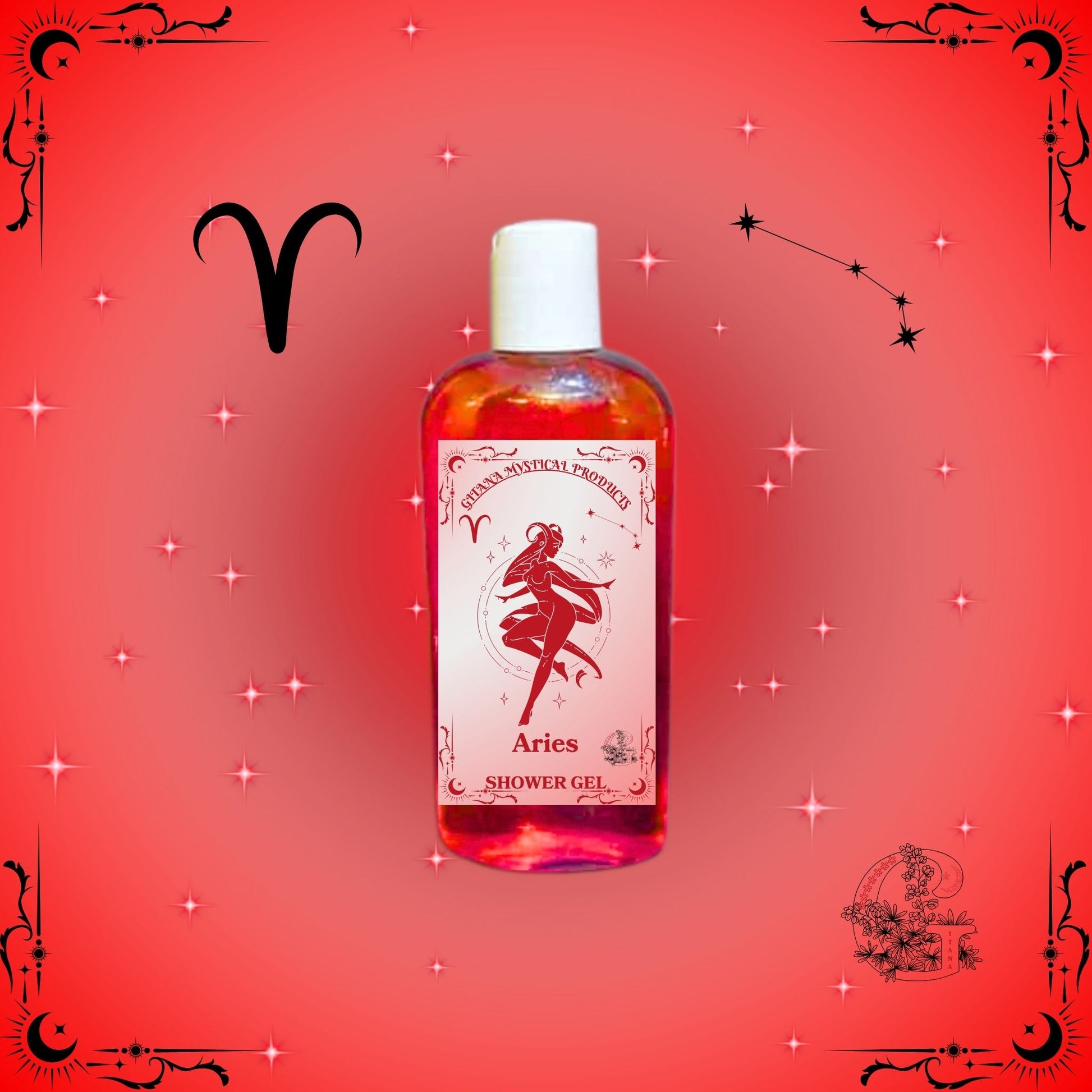 Aries Zodiac Shower Gel – bold and energizing cleanser with bright red tones symbolizing vitality and strength.
