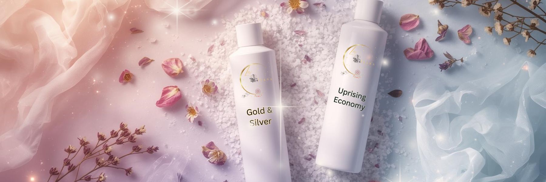 Bath Wash Collection banner by Gitana Mystical Products – mystical display of handmade bath wash bottles in pastel cosmic style.