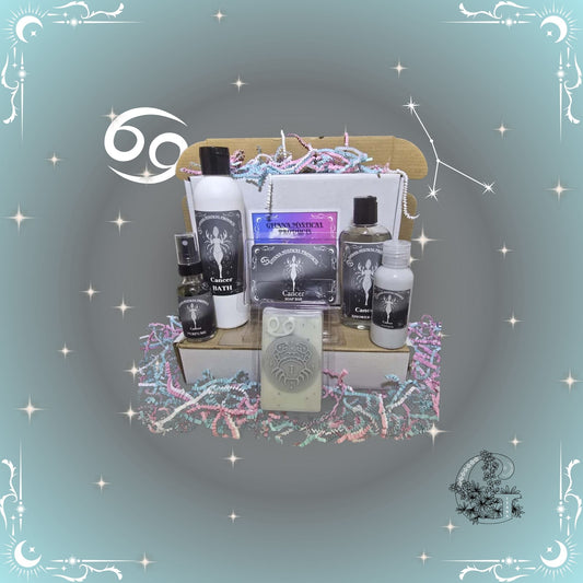 Cancer Zodiac Full Gift Set – nurturing handcrafted collection featuring bath, soap, lotion, shower gel, and perfume in silver-gray tones symbolizing protection and emotional care.