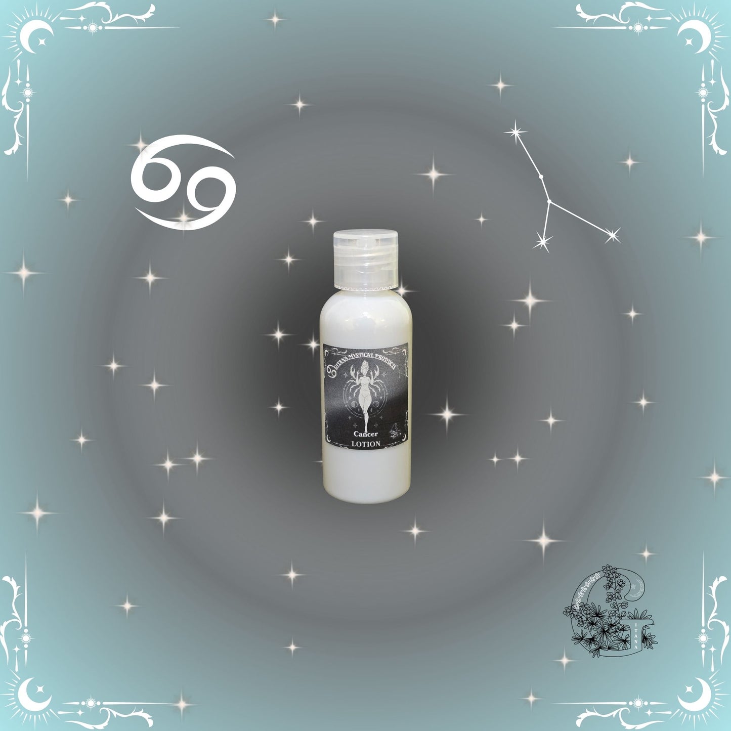 Cancer Zodiac Lotion – nurturing and calming moisturizer in silver-gray tones for gentle hydration.