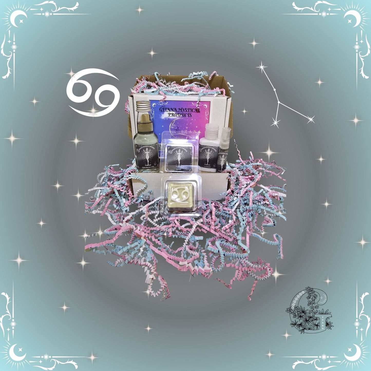 Cancer Zodiac Mini Gift Set – nurturing handcrafted collection featuring mini bath, soap, lotion, and perfume in silver-gray tones for comfort and care.