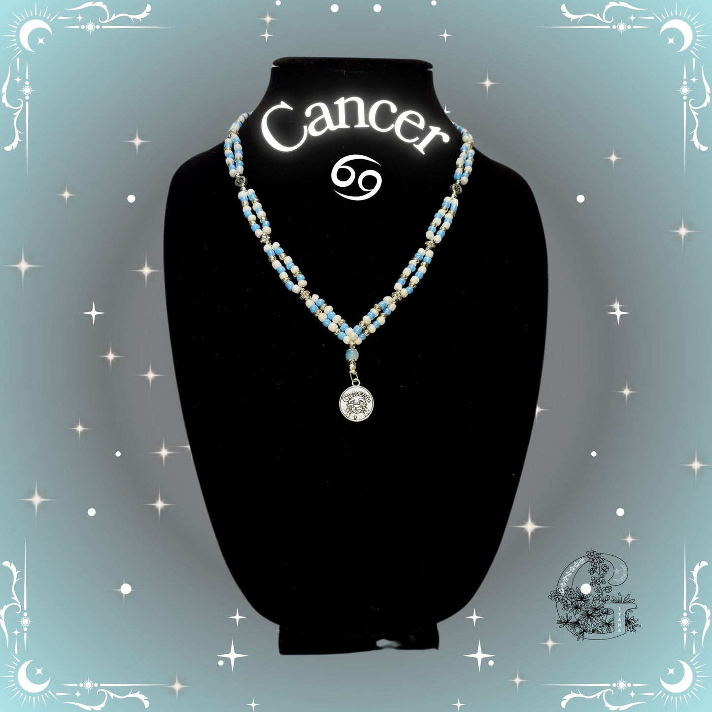 Cancer Zodiac Necklace – handcrafted beaded necklace in silver-gray tones featuring the Cancer symbol, symbolizing intuition and emotional depth.