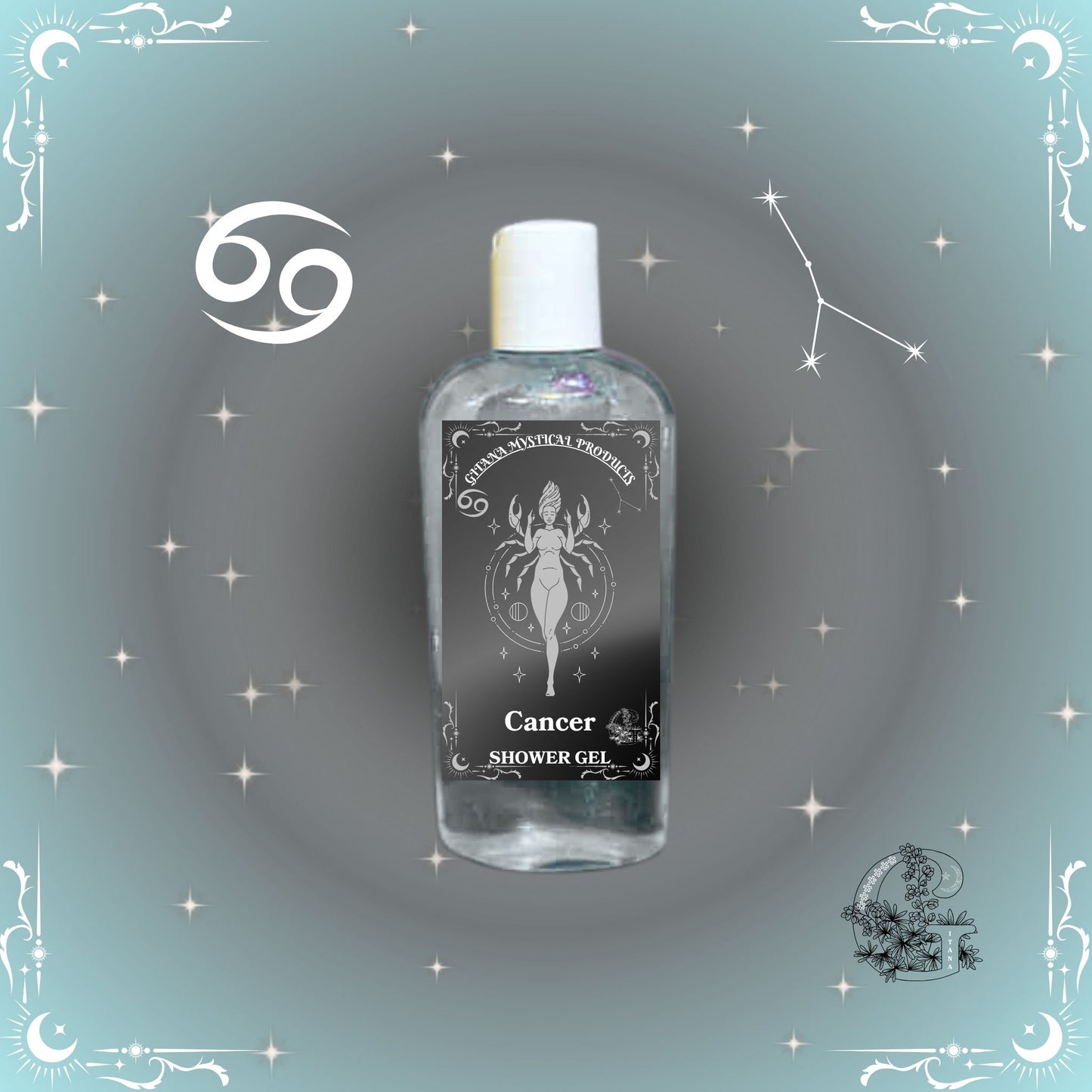 Cancer Zodiac Shower Gel – gentle and nurturing cleanser with silver-gray tones for emotional comfort.