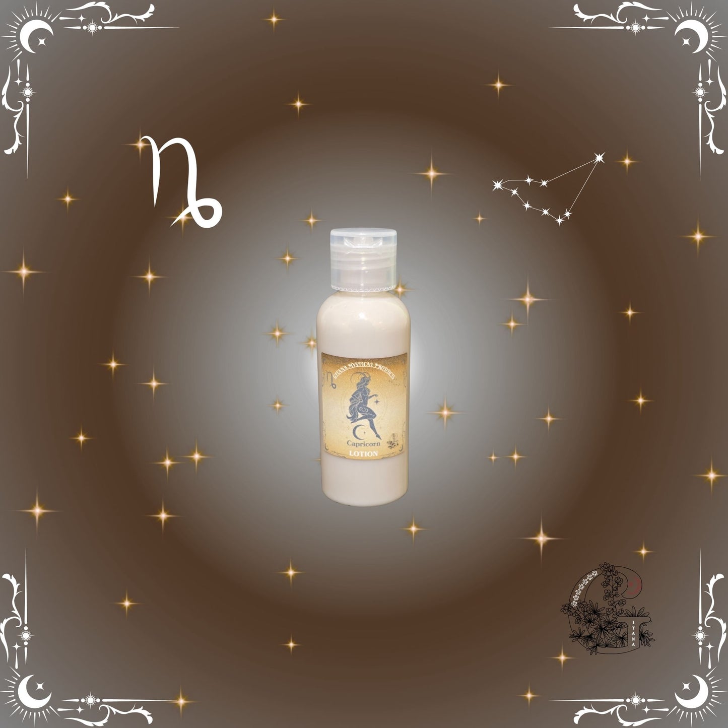 Capricorn Zodiac Lotion – grounding, structured lotion with brown and gold tones for focus and strength.