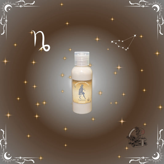 Capricorn Zodiac Lotion – grounding, structured lotion with brown and gold tones for focus and strength.