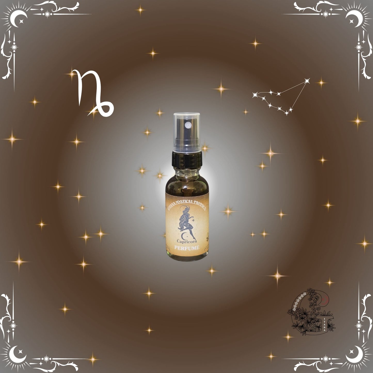 Capricorn Zodiac Perfume – grounding and structured fragrance with warm brown and golden undertones.